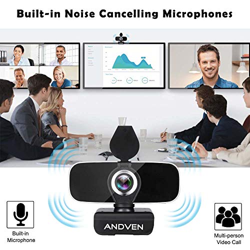 Andven Cámara Web de Video Full 1080P HD Webcam con cámara Web giratoria de 360 Grados, micrófonos incorporados con cancelación de Ruido, USB Plug-and-Drive sin conexión para conferencias, Video Chat