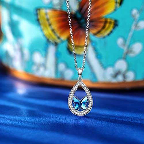 ANGEL NINA Joyería para Ella, Cazador de Sueños Collar Mujer Plata 925, Cristales de Swarovski, Cada Momento Especial, Estilo Sutil y Glamoroso, Joyero Exquisito (Collar Mariposa Azul Denim)