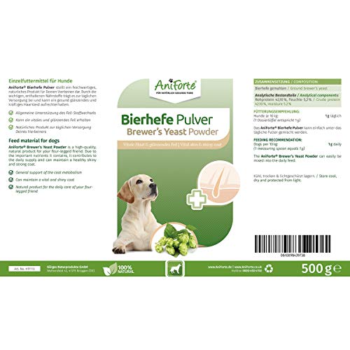 AniForte Polvo de levadura de Cerveza Pura para Perros 500g - Pelo Brillante y Fuerte, Piel Sana, Rica en vitaminas B, minerales, oligoelementos, Producto Natural