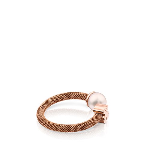 Anillo TOUS Icon Mesh de acero IP rosa y plata vermeil rosa con perla de 0,65 cm