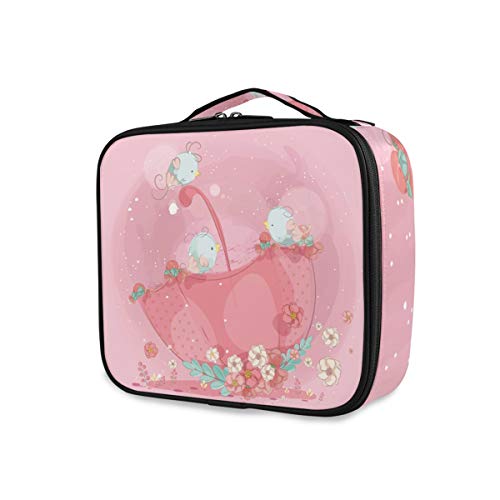 Animales De Pájaros Rosados ​​Infantiles Bolsa de Maquillaje Organizador de Cosméticos Portátil Estuche Mochila con Divisor Ajustable para Mujeres Niñas