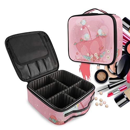 Animales De Pájaros Rosados ​​Infantiles Bolsa de Maquillaje Organizador de Cosméticos Portátil Estuche Mochila con Divisor Ajustable para Mujeres Niñas