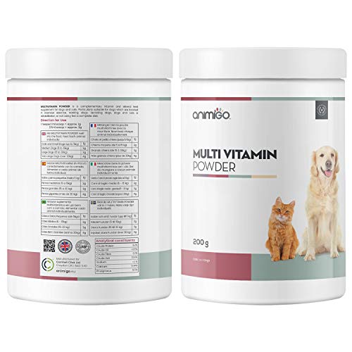 Animigo Vitaminas para Perros y Gatos en Polvo | Multivitaminas y Minerales para la Piel, Pelo y | Vitamina A, B, C, D y K | Complemento Alimenticio con Aminoácidos Esenciales y Taurina | 200gr