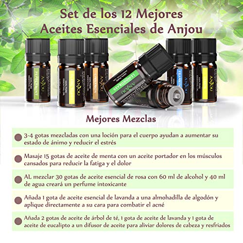 Anjou Aceites Esenciales 12 pcs,Aceites Esenciales para Difusor 100% Natural Pura,Lavanda,Árbol de Té,Eucalipto,Naranja Dulce,Menta,Bergamota,Hierba de Limón,Incienso