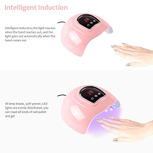 Anself 54W Secador de Uñas de Gel Lámpara LED UV Uñas Máquina de Curado, 3 modos de tiempo 30/60/90 Segundos USB Lámpara de Luz LED para Manicura y Pedicura, Rosa