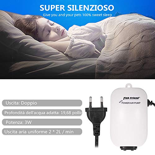 Anself - Juego de Acuario Pecera - Bomba Doble Salida 3W+2X 2.5m 4mm Manguera de Tubo de oxígeno+2X Válvula de Parada+6X Ventosas+2X Piedra de Burbuja de Aire