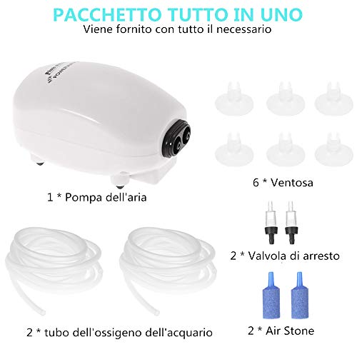Anself - Juego de Acuario Pecera - Bomba Doble Salida 3W+2X 2.5m 4mm Manguera de Tubo de oxígeno+2X Válvula de Parada+6X Ventosas+2X Piedra de Burbuja de Aire