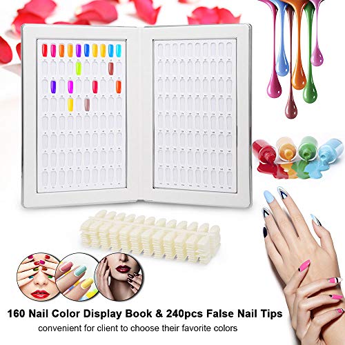Anself Nail Art Display libro de cartas colores de uñas, Libro de Pantalla de Uñas con Puntas de Uñas, 160 Colores Tabla de Colores de Gel Polish 240 Uñas Falsas (White)