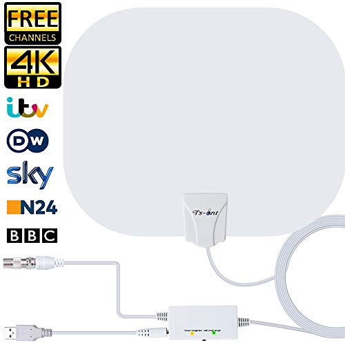 Antena de TV Interior, Oval Negro Antena de TV Digital para Interiores de Alcance de 180KM con Amplificador Inteligente de Señal, Adecuada para Canales de TV Gratis 1080P 4K, Cable Coaxial de 5M