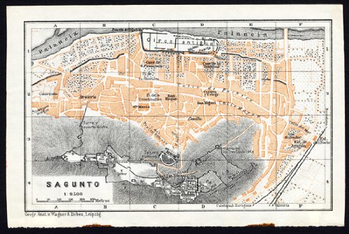 Antiguo ThePrintsCollector mapa de España-Plan de sagunto-Karl baedeker-1913