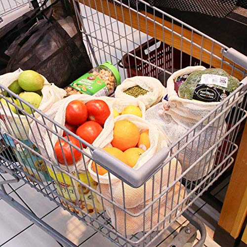 AOKKR Bolsas de Malla Reutilizables, 8 unidades, bolsas reutilizables compra, Algodón 100% Ecológico para Verduras y Frutas 4 Tamaños diferentes (Se pueden lavar a máquina)
