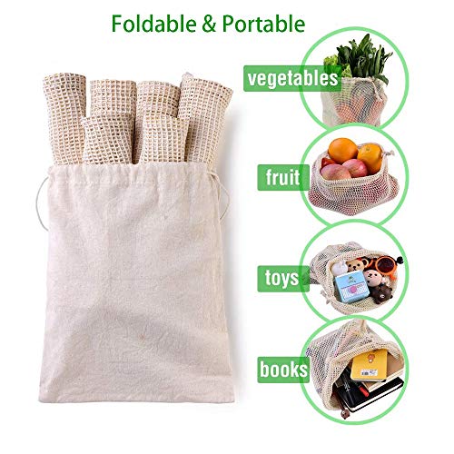 AOKKR Bolsas de Malla Reutilizables, 8 unidades, bolsas reutilizables compra, Algodón 100% Ecológico para Verduras y Frutas 4 Tamaños diferentes (Se pueden lavar a máquina)