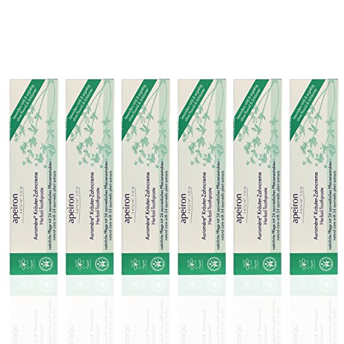 ápeiron auromere hierbas dientes Crema (6 x 75 ml), muy potente, hierbas sabor, apenas aufschäumend, Bio Pasta de dientes, Vegano), libre de fluoruro, natural Maquillaje