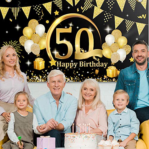 APERIL Decoración de Fiesta de 50 Cumpleaños de Oro Negro, Póster de Tela Cartel Extra Grande para 50 Aniversario Feliz Cumpleaños Pancarta de Fondo Materiales de Fiesta de 50 Años Cumpleaños