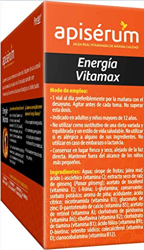 Apisérum Vitamax Viales Bebibles- Aporte de Energía Extra y Vitalidad Favorece el rendimiento físico e intelectual Con Jalea Real, Vitaminas, Minerales, Aminoácidos, Ginseng, Tratamiento para 18 días