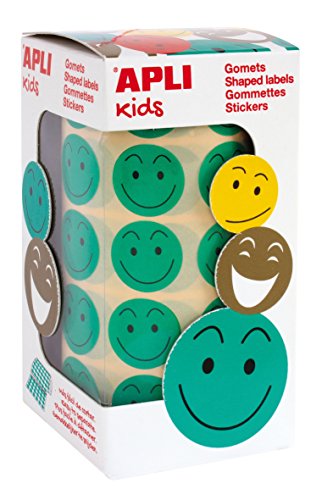 APLI Kids - Rollo de gomets redondos, adhesivo removible, cara feliz, 20 mm, verdes