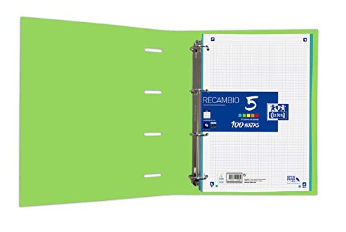 Archivador 4 anillas con recambio y goma Oxford, Tapa Extradura A4+ con Recambio 100 Hojas, Cuadrícula 5x5, Color Verde