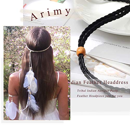 Arimy Boho Diadema de plumas negras, con borla hippie, trenzada, tribal indio, plumas, para festivales, carnaval, diadema