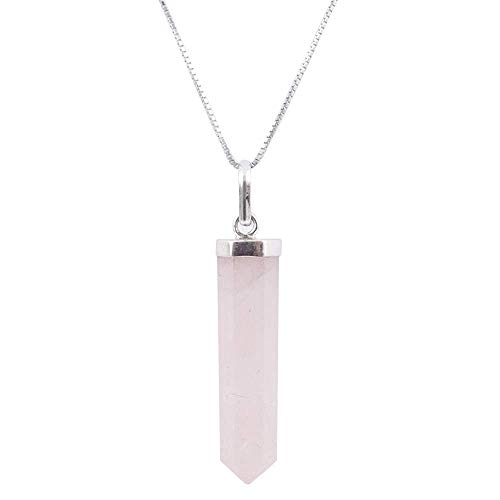 ARITZI - Colgante en Plata de Ley 925 con Forma de Punta en Piedra Natural - Incluye una Cadena Box Chain de 45cm de Plata - Cuarzo Rosado