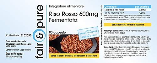 Arroz rojo 600mg - Levadura de Arroz Rojo fermentado - Monacolina K 4,5mg - Vegano - Alta pureza - 90 Cápsulas