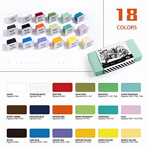 Arrtx Gouache Pintura Set, 18 colores x 30ml Diseño único de taza de gelatina con estuche portátil paleta, perfecto para pintura acrílica, graffiti y más, ideal para estudiantes, artistas (Primavera)