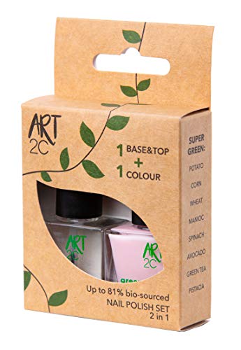 Art 2C - Esmalte de uñas puro con fórmula 85 % ecológica y vegana, paquete de 2 productos: 1 base/acabado y 1 esmalte en tono pastel, 2 x 9 ml