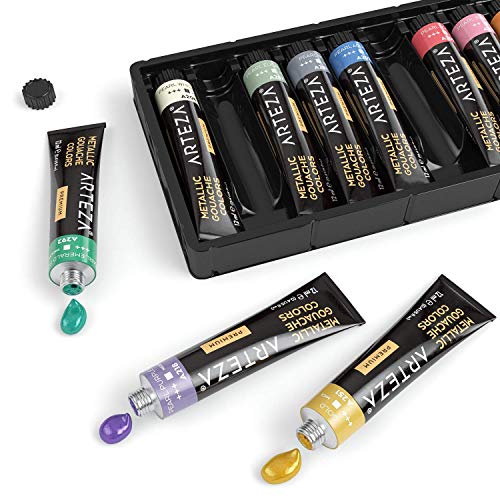 Arteza Pinturas gouache metalizadas | Tubos de 12 ml | Set de 12 | para pintar sobre lienzo, papel de acuarela o de bocetos | Gouache para mezclar con acuarelas y medios mixtos