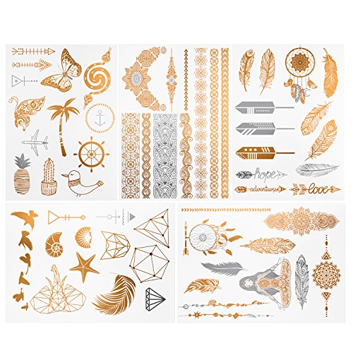 ARTEZA Tatuajes temporales para adultos | 10 hojas | 110 diseños diferentes | Calcomanías corporales | Tatuajes adhesivos en oro y plata