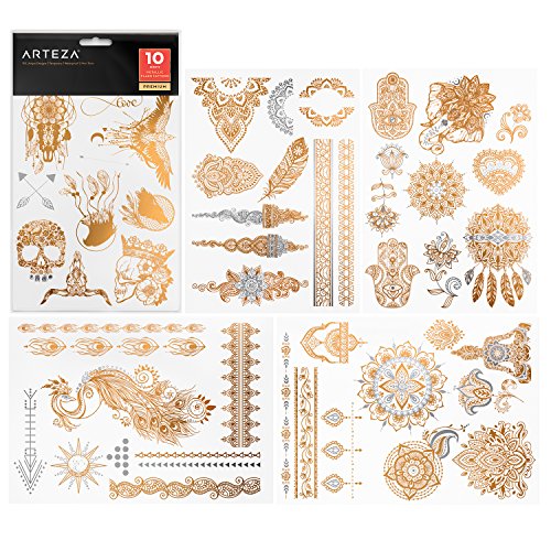 ARTEZA Tatuajes temporales para adultos | 10 hojas | 110 diseños diferentes | Calcomanías corporales | Tatuajes adhesivos en oro y plata