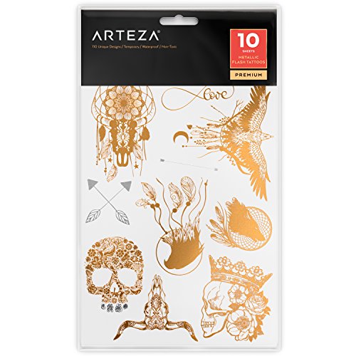 ARTEZA Tatuajes temporales para adultos | 10 hojas | 110 diseños diferentes | Calcomanías corporales | Tatuajes adhesivos en oro y plata