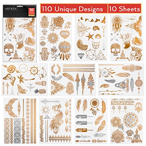 ARTEZA Tatuajes temporales para adultos | 10 hojas | 110 diseños diferentes | Calcomanías corporales | Tatuajes adhesivos en oro y plata