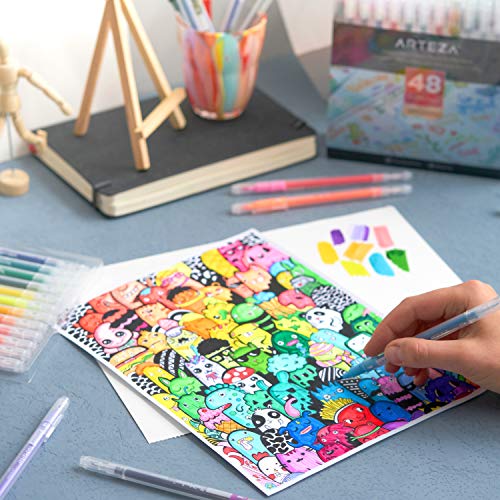 Arteza TwiMarker Rotuladores lettering de doble punta | Set de 48 colores | Rotuladores punta pincel y punta fina de 0,4 mm