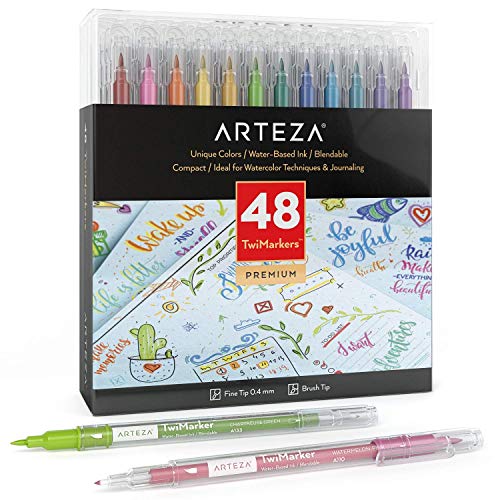 Arteza TwiMarker Rotuladores lettering de doble punta | Set de 48 colores | Rotuladores punta pincel y punta fina de 0,4 mm