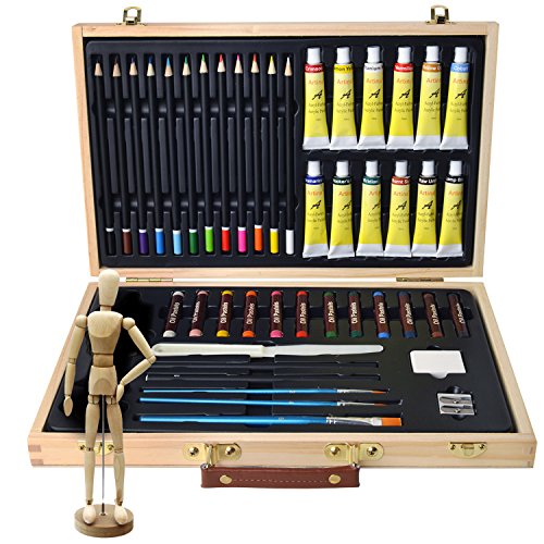 Artina Leonardo - Set de pintura (45 pzas.) - Maletín con colores acrílicos, lápices, Pinceles, Pasteles y maniquí