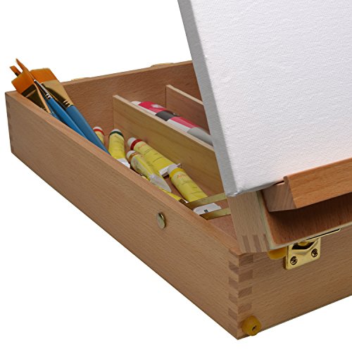 Artina Nancy Caballete de pintura de mesa profesional Maletín madera haya 3 compartimentos Asa para llevar Lienzos 66 cm