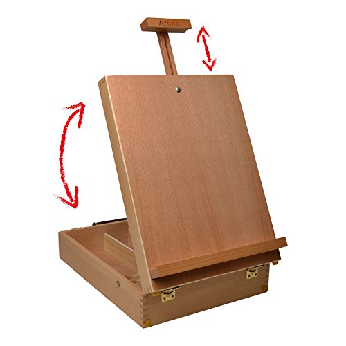 Artina Nancy Caballete de pintura de mesa profesional Maletín madera haya 3 compartimentos Asa para llevar Lienzos 66 cm