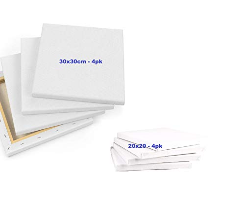 Artme Lienzos preestirados 8 piezas (20x20CM-4pk, 30x30CM-4pk) de artista/ 280GSM 100% algodón/blanco/triple imprimado/libre de ácido/grano medio/ 1.7cm - acrílico/aceite