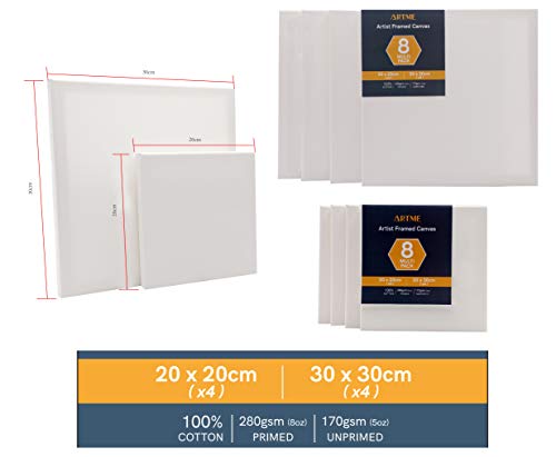 Artme Lienzos preestirados 8 piezas (20x20CM-4pk, 30x30CM-4pk) de artista/ 280GSM 100% algodón/blanco/triple imprimado/libre de ácido/grano medio/ 1.7cm - acrílico/aceite