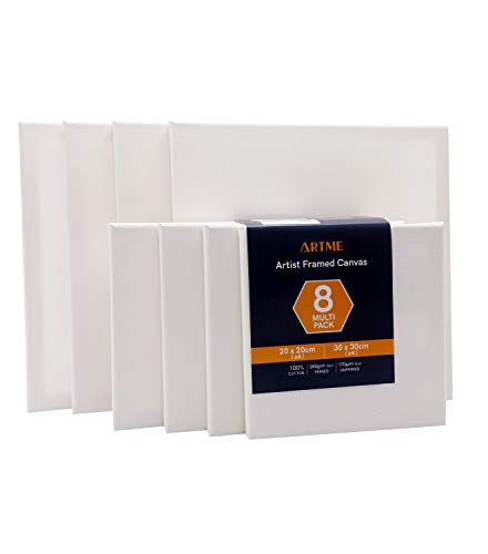 Artme Lienzos preestirados 8 piezas (20x20CM-4pk, 30x30CM-4pk) de artista/ 280GSM 100% algodón/blanco/triple imprimado/libre de ácido/grano medio/ 1.7cm - acrílico/aceite