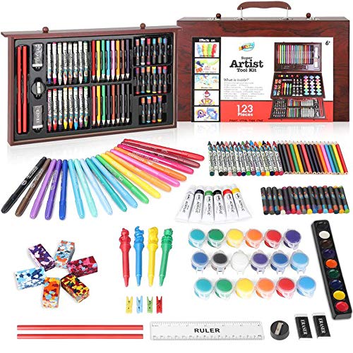 ARTOYS Set de Pintura Niños,123 Piezas Caja de Madera con Set artístico,lápices de Colores,Marcadores,Pintura Acrílica,Acuarelas,Pasteles,Regalos Niños para Navidad,año Nuevo,cumpleaños,Colegio