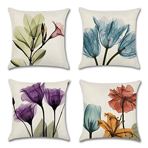 Artscope Set de 4,Funda de Cojín 45x45cm,Funda de Almohada para Cojín Cuadrado Algodón Lino para Sofá Cama Decoración para Hogar (Flor de Fantasia)