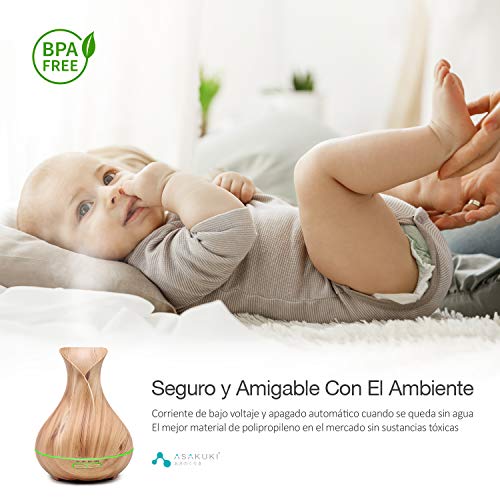 ASAKUKI 400ml Humidificador Ultrasónico Aromaterapia, Difusor de Aceites Esenciales, 7-Color LED, 4 Temporizador, Apagado Automático sin Agua, Humidificador Bebes, Hogar, Oficina, Bebé, Dormitorio