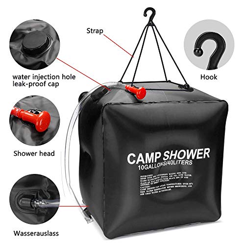 ASANMU Bolsa De Ducha de Acampada, 40 litros Bolsa de Ducha Solar Portatil Bolsa de Ducha Al Aire Libre para Agua Calentar Solares, Ducha de Camping para Jardín, Acampada, Senderismo y Escalada