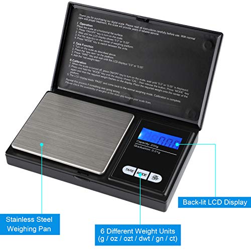 Ascher 200X0.01G, Balanza de Bolsillo Digital, Digital de Bolsillo Para Joyería/Cocina con Pantalla LCD