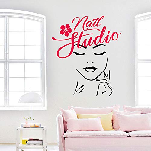 ASFGA Nail Studio Wall Sticker Vinyl Fashion Beauty Salon Girl Face Salon Shop Window Decal Extraíble Interior Living Room Mural Wallpaper Hair Salon 42x48cm