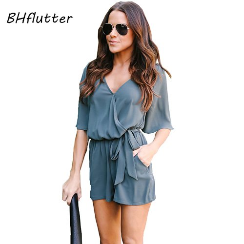 ASGHILL Boho Color Caramelo sólido Traje de Juego Casual Manga Corta Cuello Redondo de Gasa Mono Traje de Mujer Novedades de Verano, Azul Cielo, M