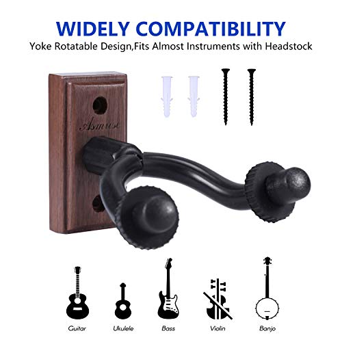 Asmuse Soporte Guitarra pared de 2pcs Colgador Guitarra Guitar Hook Hanger Wall Mount Hook Natural Hardwood para Guitarra Eléctrica Acústica Bajo Sajona Ukulele Violín Mandolina (Nogal Negro)