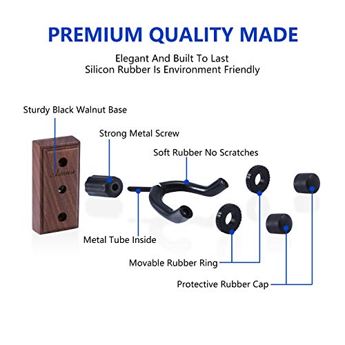 Asmuse Soporte Guitarra pared de 2pcs Colgador Guitarra Guitar Hook Hanger Wall Mount Hook Natural Hardwood para Guitarra Eléctrica Acústica Bajo Sajona Ukulele Violín Mandolina (Nogal Negro)