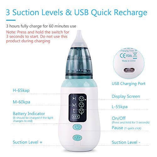 Aspirador nasal, limpiador de nariz de carga USB Ultpeak con 3 niveles de succión, removedor de cera del oído con 3 boquillas de lechón reutilizables para bebés y niños pequeños