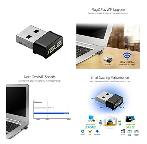 ASUS USB-AC53 Nano - Adaptador inalámbrico USB (Wi-fi, Dual-Band AC1200, MU-MIMO)